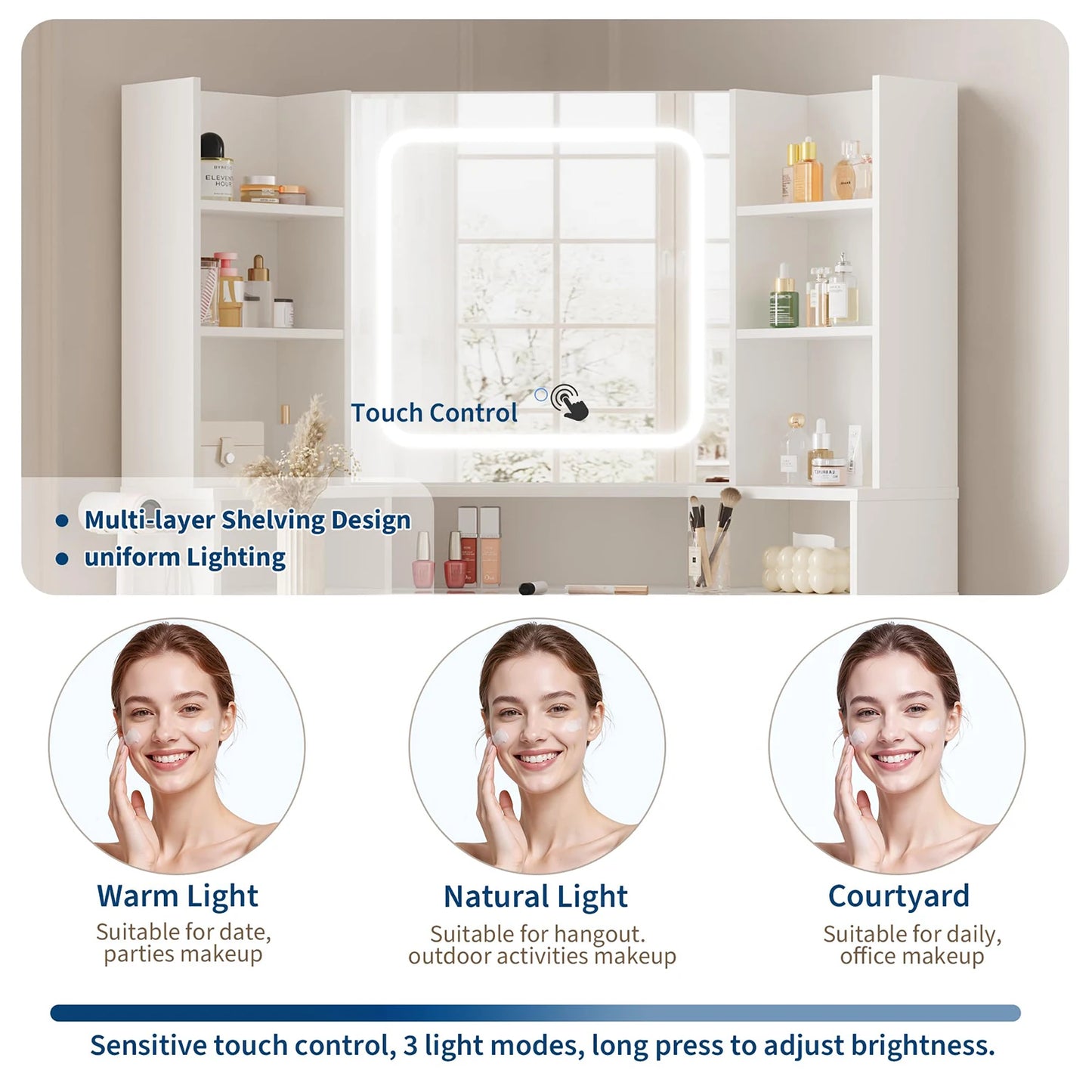 HiMISS Corner Vanity Desk With LED Lights And Charging Port