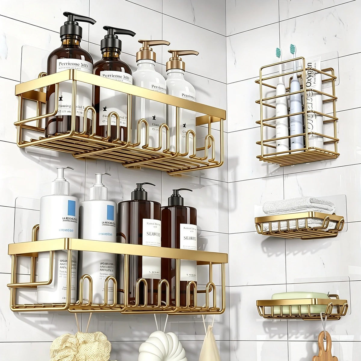 Adhesive Rustproof Stainless Steel Corner Shower Caddy with Soap Holder