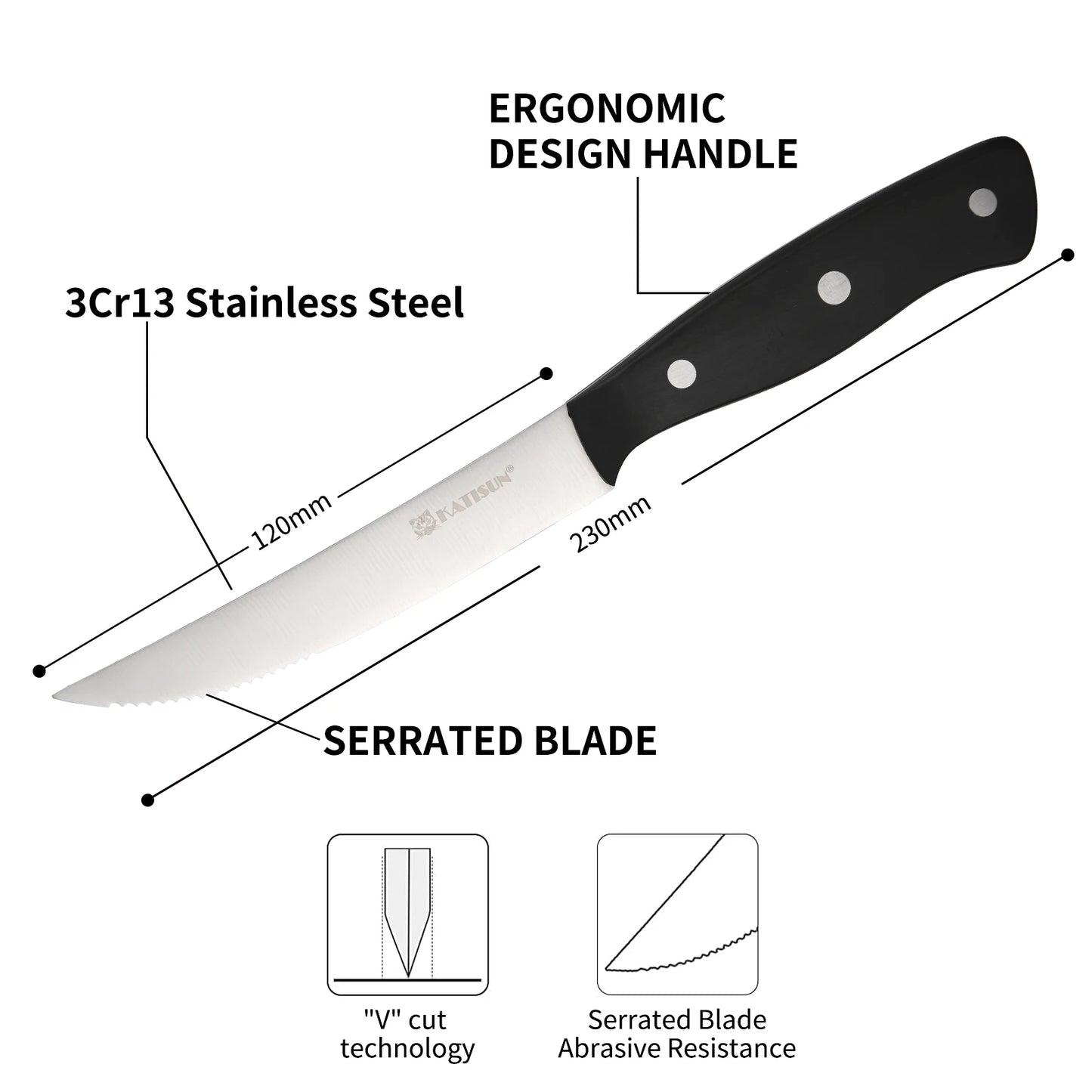 Katisun 8 Pieces 5 Inch Serrated Steak Knives Set with Triple Rivet POM Handle Dishwasher Safe Home Restaurant