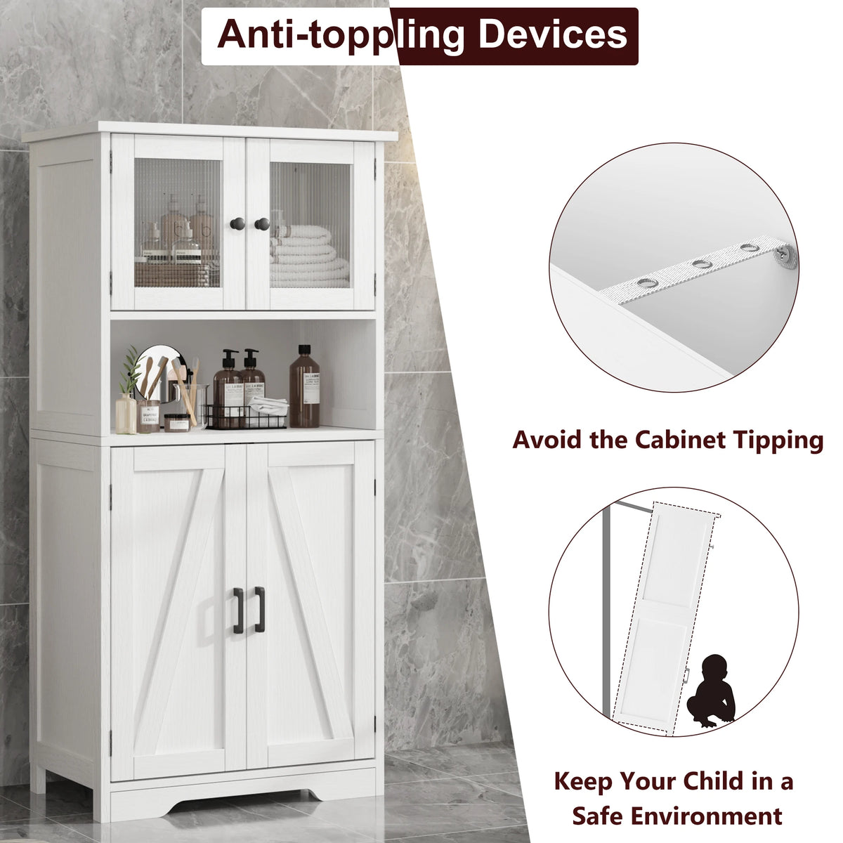 HiMISS Freestanding Bathroom Storage Cabinet With Glass Doors