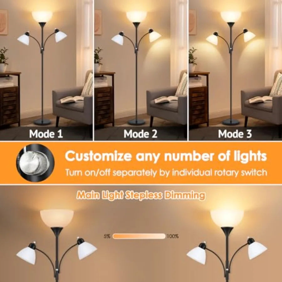 Torchiere Floor Lamps for Living Room, 72" Dimmable Lamp with 2 Adjustable Reading Lights for Bedroom, Tall Standing Room Lamp,