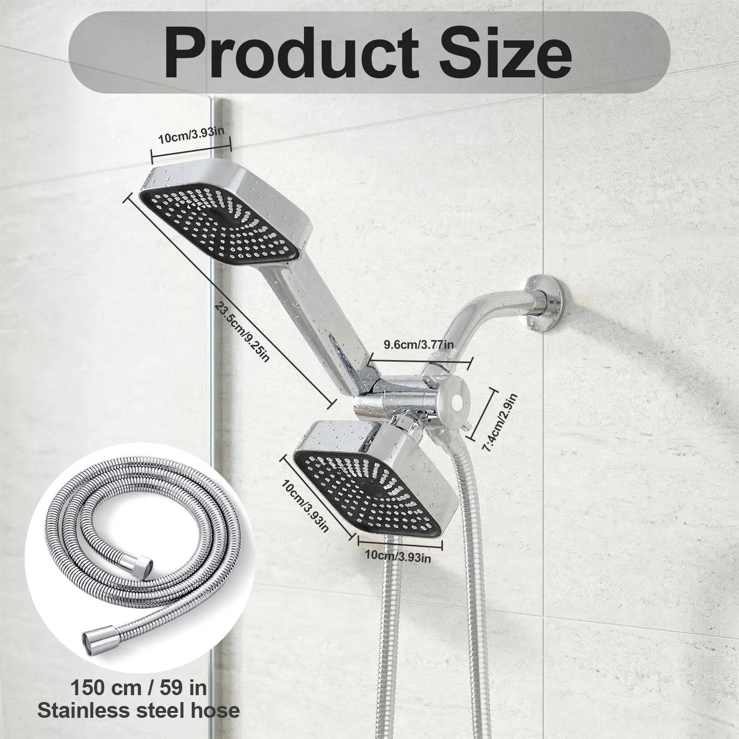 High-Flow 2-in-1 Wall-Mounted Handheld Shower Head and Rain Shower Head Set With Handheld Shower Head&Long Hose for Bathroom