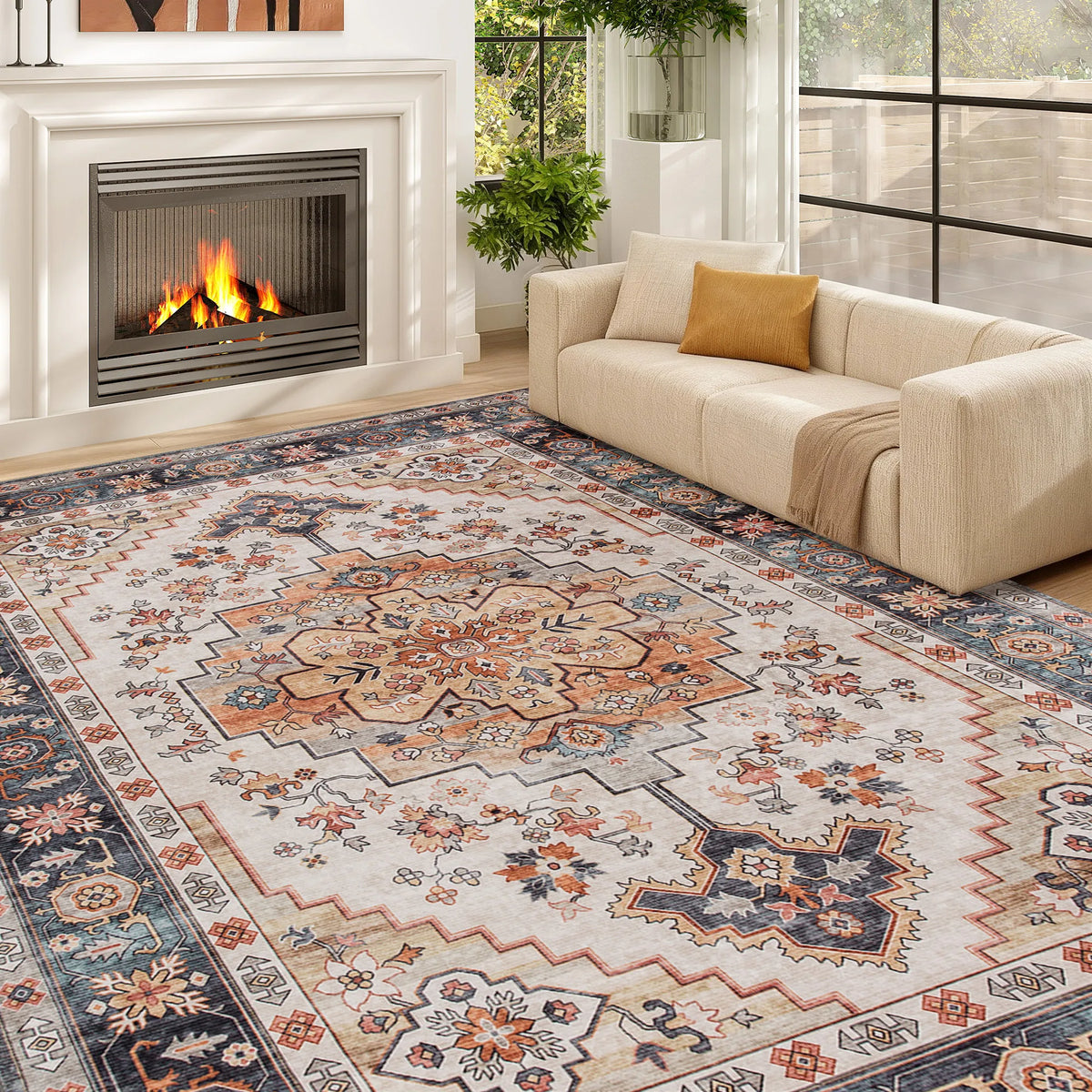 Machine Washable Vintage Oriental Medallion Distressed Soft Polyester Area Rug