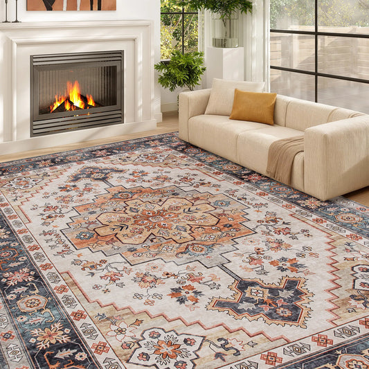 Machine Washable Vintage Oriental Medallion Distressed Soft Polyester Area Rug