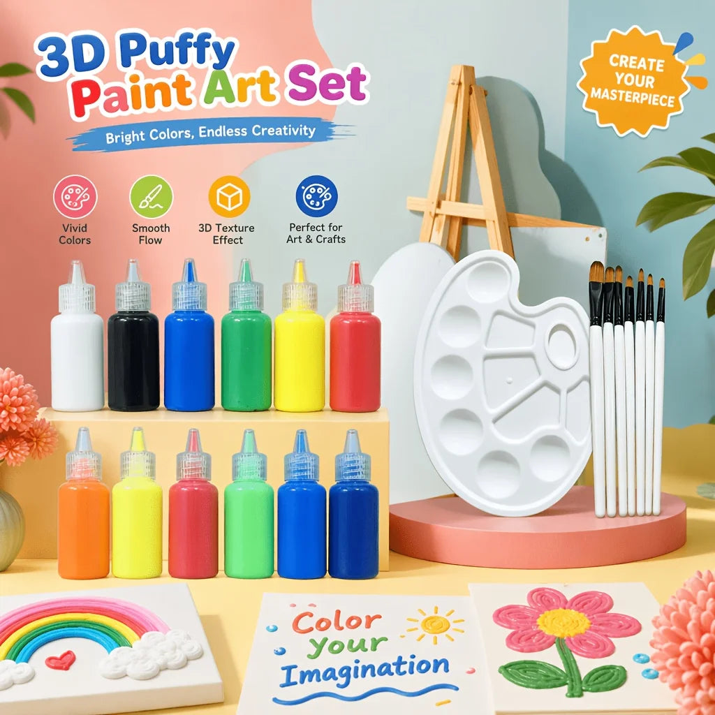 3D Paint Set 12 Bottles Palette Brushes Raised Texture Supplies
