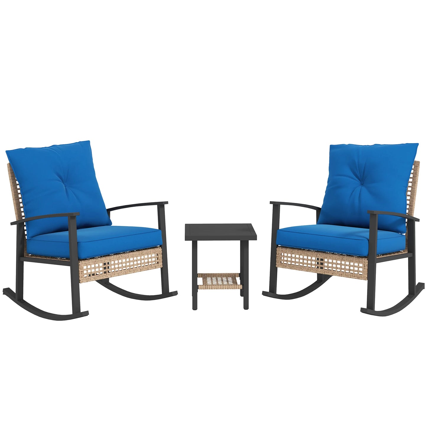 3 Pieces Bistro Set with Rattan Rocking Chairs & Coffee Table Dark Blue
