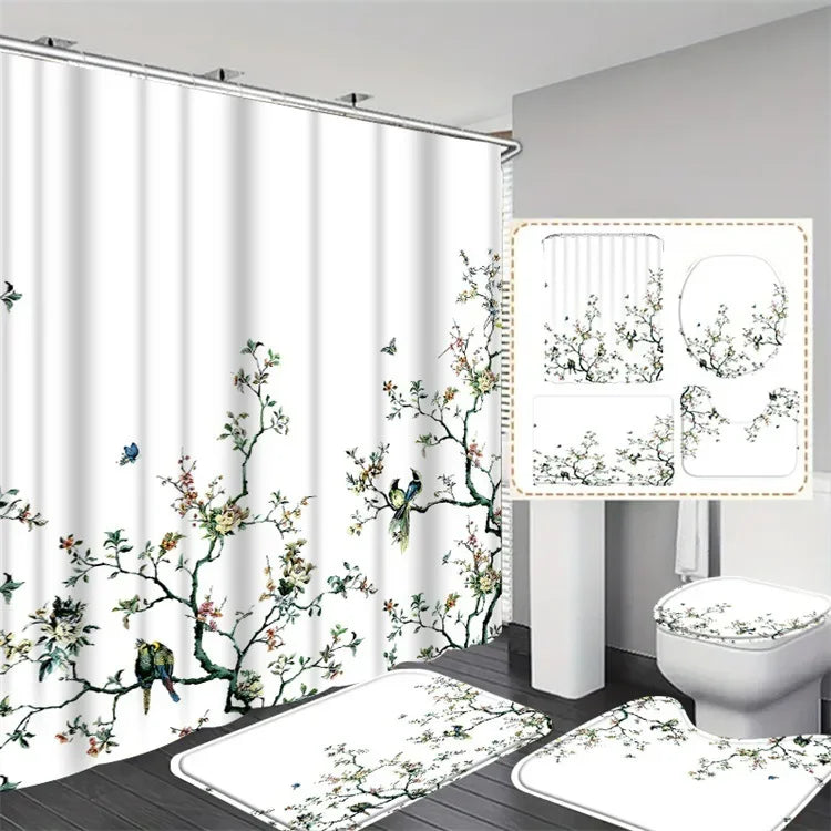 4 Pcs Shower Curtain Sets Bath Mat  Decor Bathroom pink Contour Mat Toilet Lid Cover U Shaped Non-Slip Rug Fabric Polyester