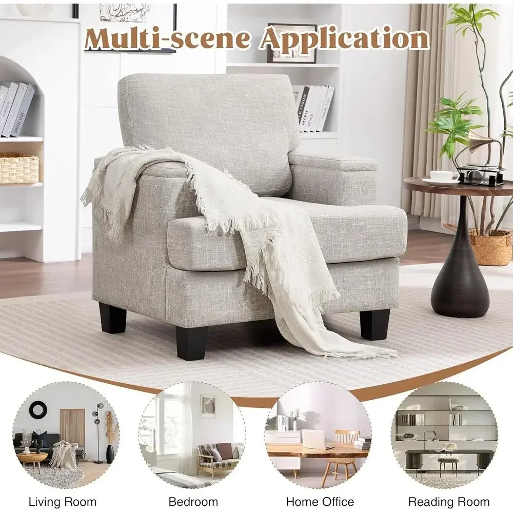 2-Piece Armrest Storage Accent Chairs, Comfortable Upholstered Living Room Furniture, Beige Fabric Sofa Chairs for Reading or Be