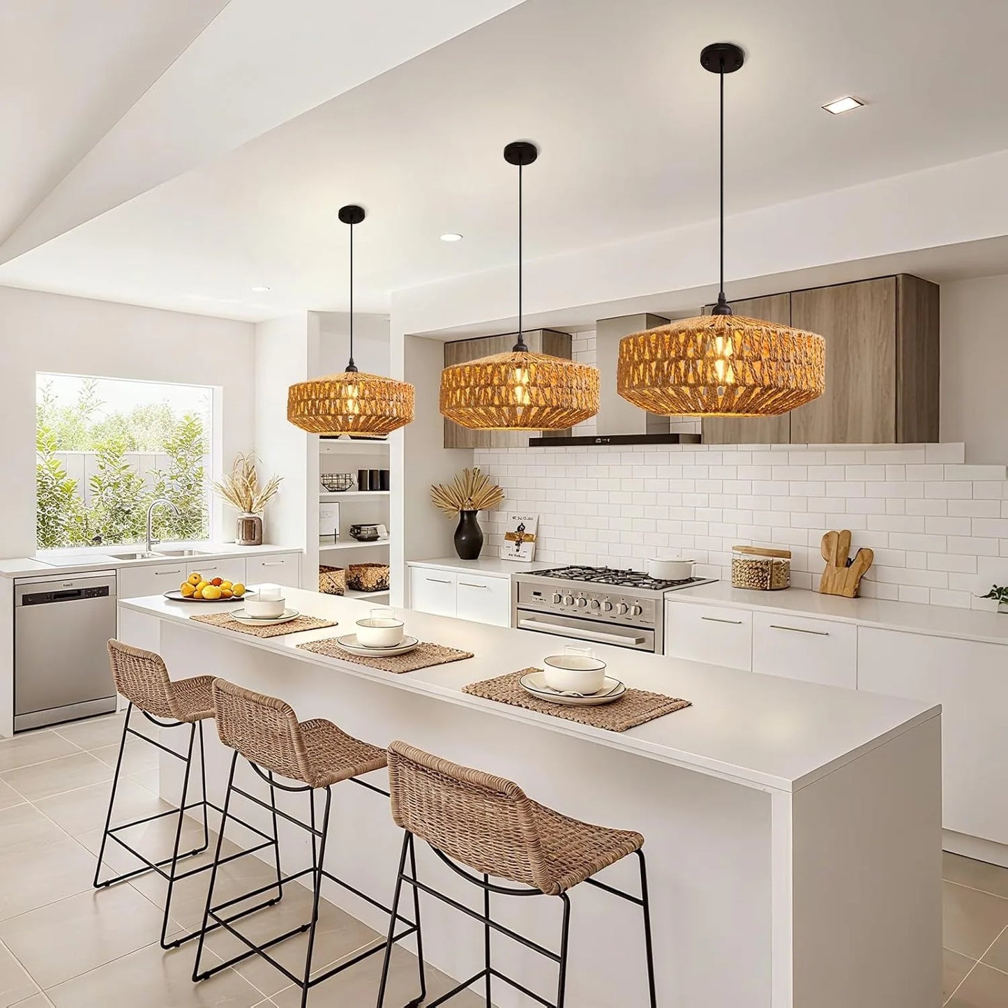 JOYINLED Natural Rattan Chandelier Small Paper Rope Pendant Light E26/E27 Ceiling Lamp Dining Living Room Bedroom Kitchen Island