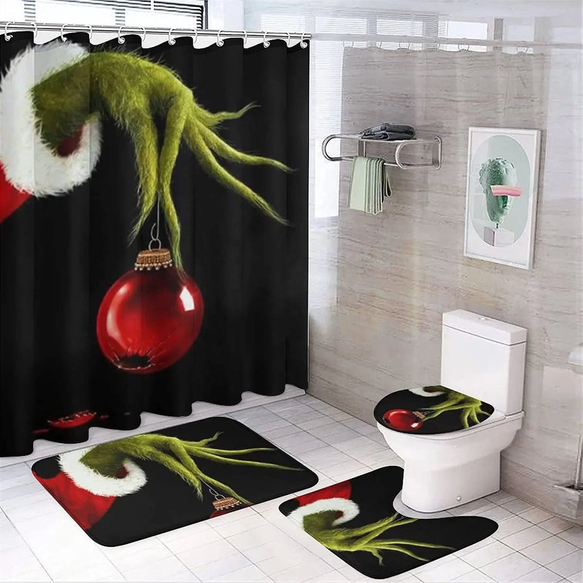New Bathroom Curtains 2024 Digital Christmas Shower Curtain Four-Piece Green Furry Monster Decorative Bath Mat Set