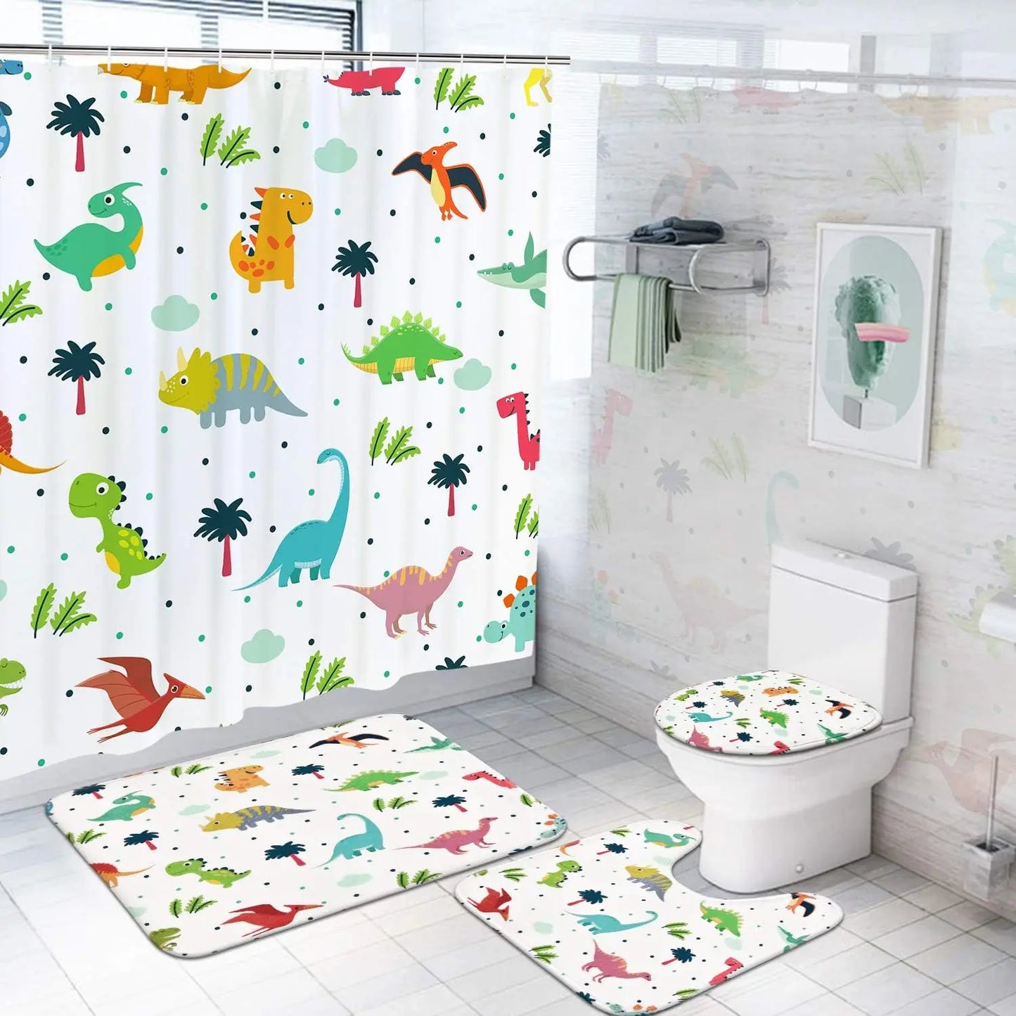 4PC Kids Dinosaur Bathroom Set - Waterproof Cartoon Shower Curtain with 12 Hooks, Non-Slip Mats & Toilet Cover, Fun Bath Decor