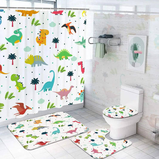 4PC Kids Dinosaur Bathroom Set - Waterproof Cartoon Shower Curtain with 12 Hooks, Non-Slip Mats & Toilet Cover, Fun Bath Decor