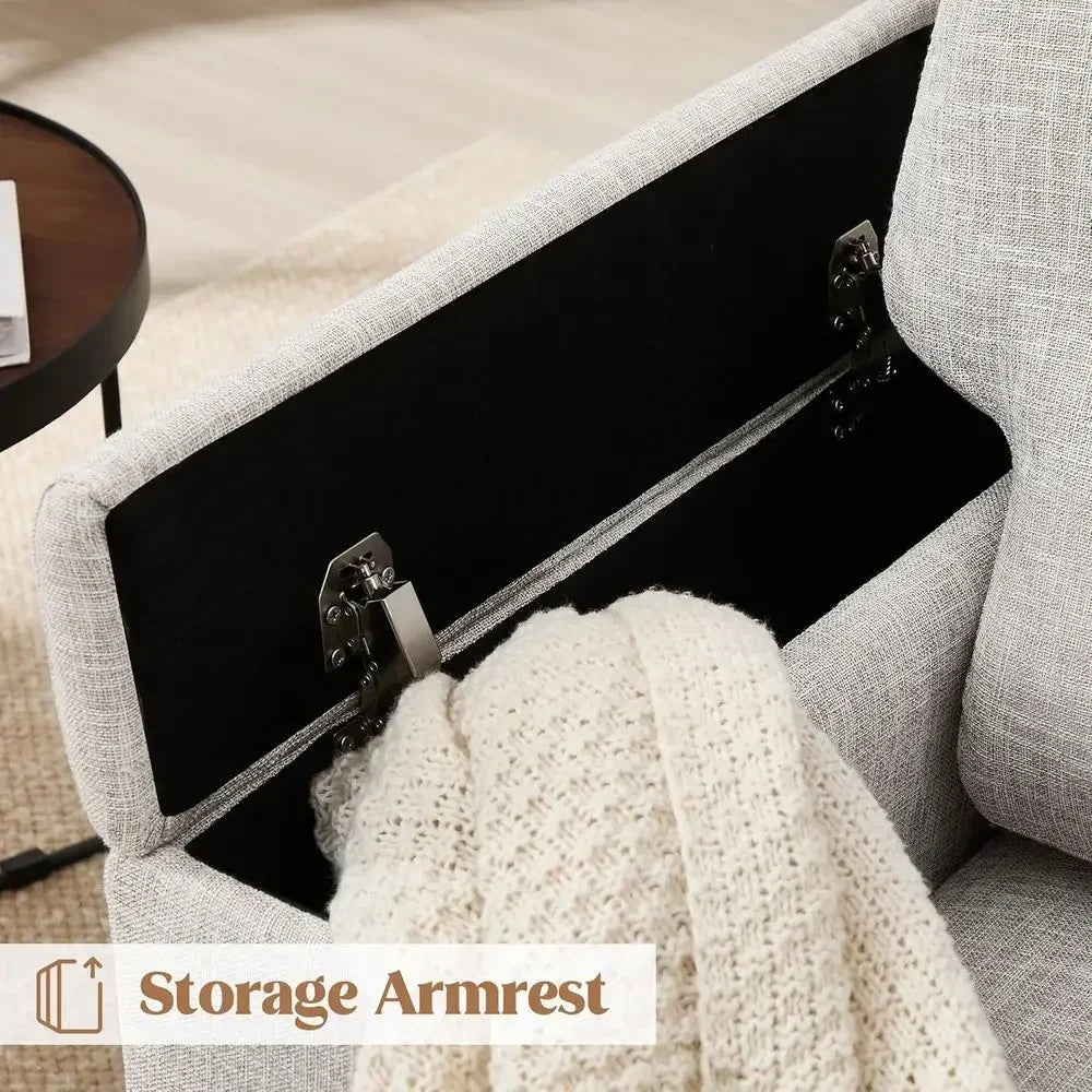 2-Piece Armrest Storage Accent Chairs, Comfortable Upholstered Living Room Furniture, Beige Fabric Sofa Chairs for Reading or Be