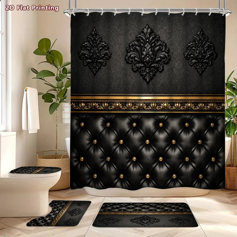 2D Flat, 2D Flat 4pcs Baroque Elegance Shower Curtain Set, Black and Golden Ornate Pattern Bathroom Decor, Accessories with Bath Mat, U - Shaped Mat, Toilet Lid Cover, Shower Curtain Includes Hooks, Luxury Home Aesthetic, Hom