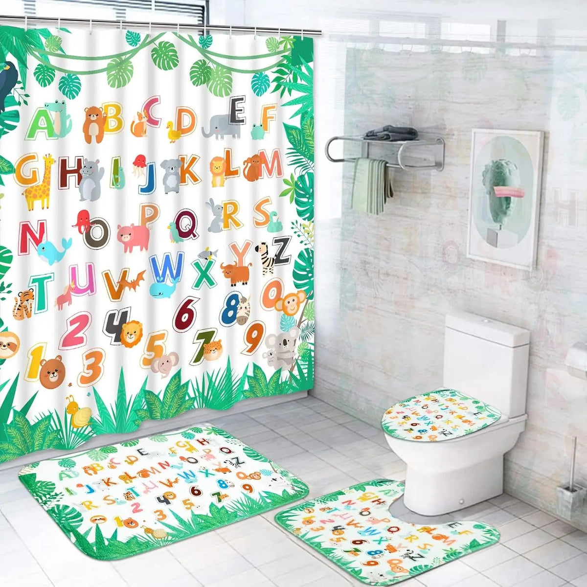 4PC Kids Dinosaur Bathroom Set - Waterproof Cartoon Shower Curtain with 12 Hooks, Non-Slip Mats & Toilet Cover, Fun Bath Decor