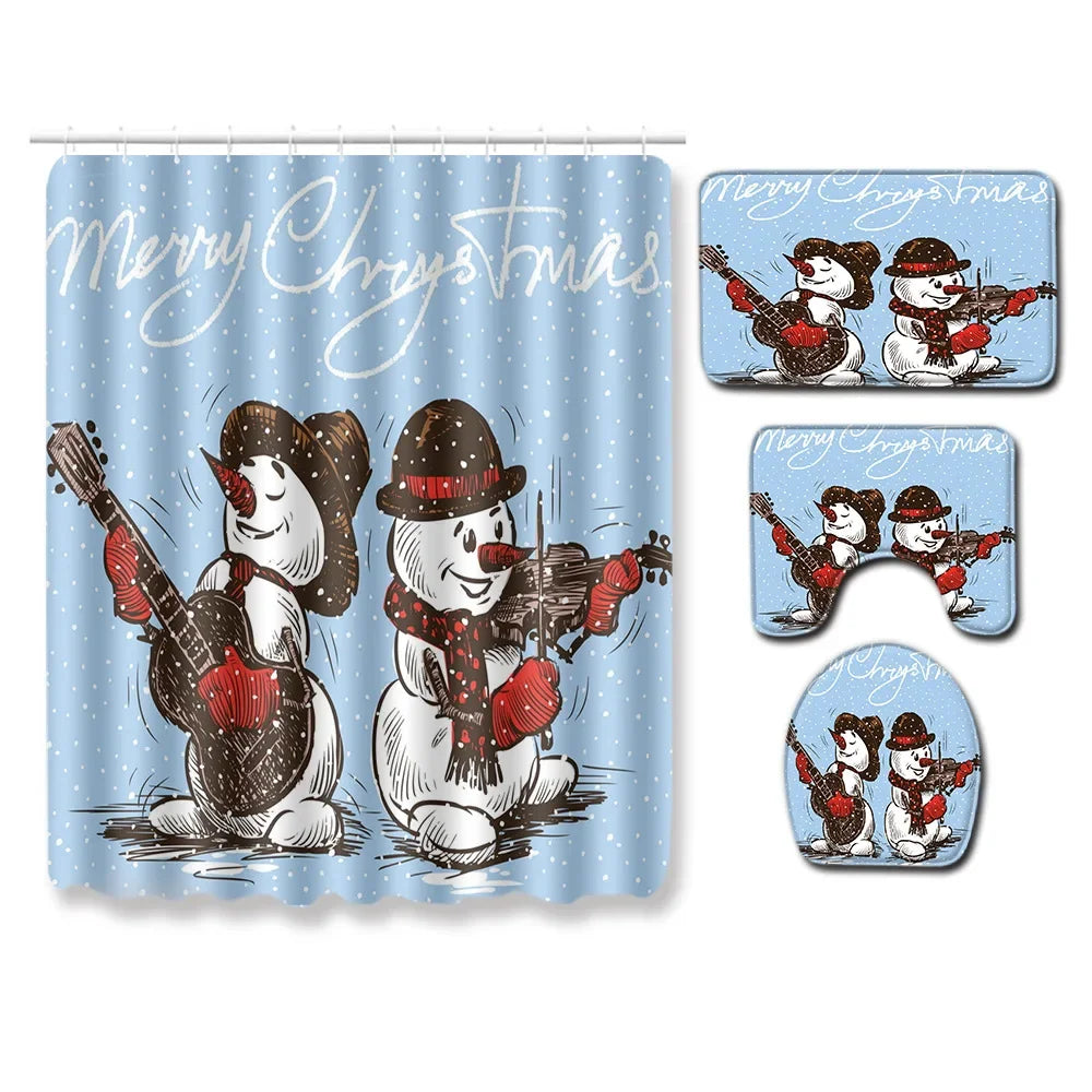 Christmas Shower Curtain Sets With Non-Slip Rugs Toilet Lid Cover and Bath Mat Snowman Shower Curtains 4 Piece Bathroom Decor