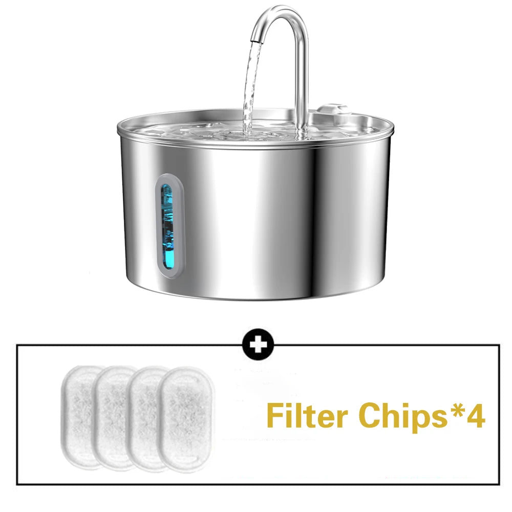 2.2L Square/Round Stainless Steel Cat Water Fountain, Dog Water Dispenser with LED Window, Silent Pet Water Feeder(No 5V 1A Plug