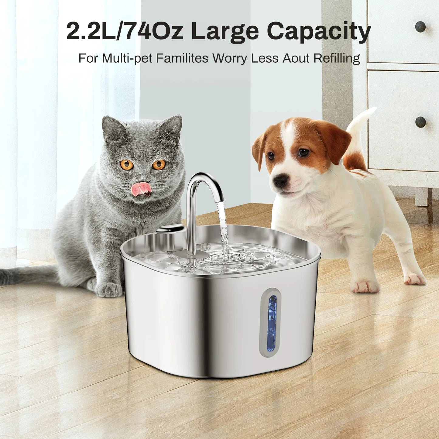 2.2L Square/Round Stainless Steel Cat Water Fountain, Dog Water Dispenser with LED Window, Silent Pet Water Feeder(No 5V 1A Plug