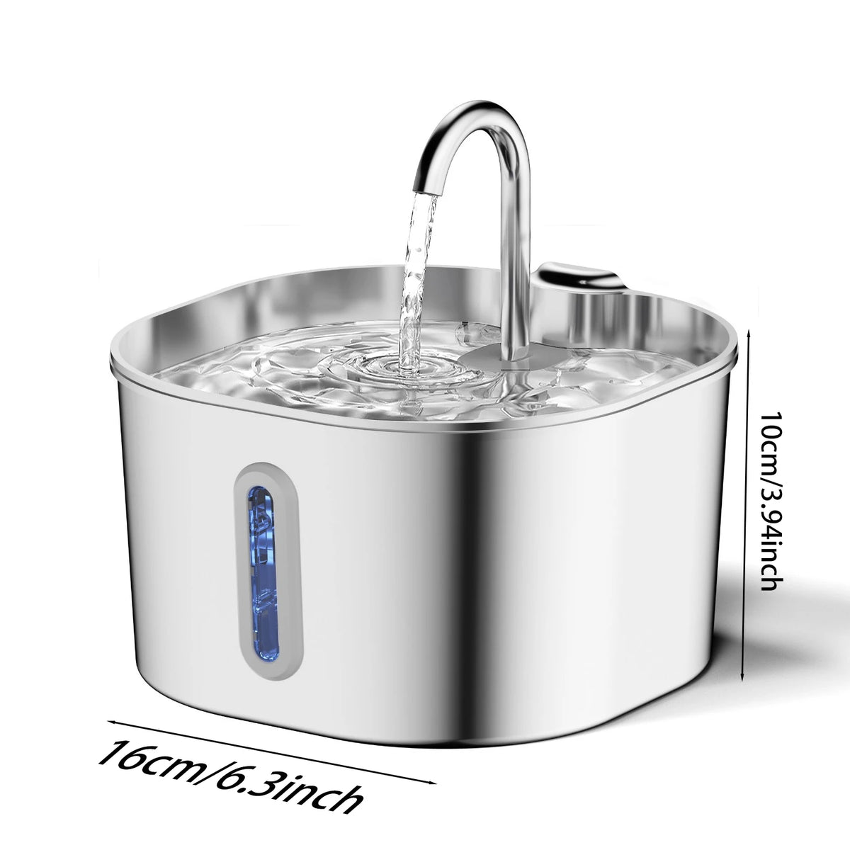2.2L Square/Round Stainless Steel Cat Water Fountain, Dog Water Dispenser with LED Window, Silent Pet Water Feeder(No 5V 1A Plug