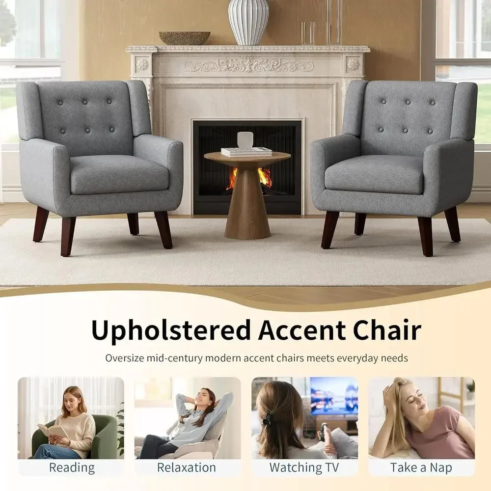 Linen Fabric Living Room Chairs, Accent Armchair, Button-Tufted Upholstered Comfortable Reading Sofas, Vanity Chairs (Set of 2,
