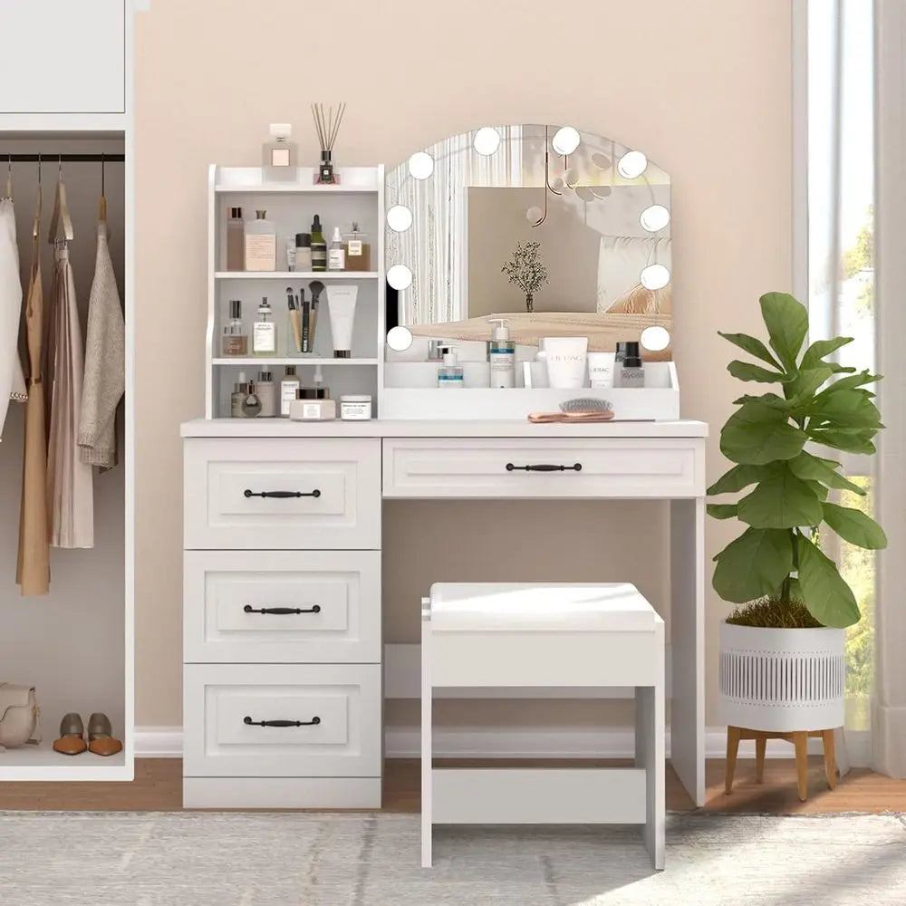 Vabches Vanity Desk with Mirror and Lights,Makeup Vanity Set or Bedroom | White Dring Table 3 Lighting Col, 4 Ders