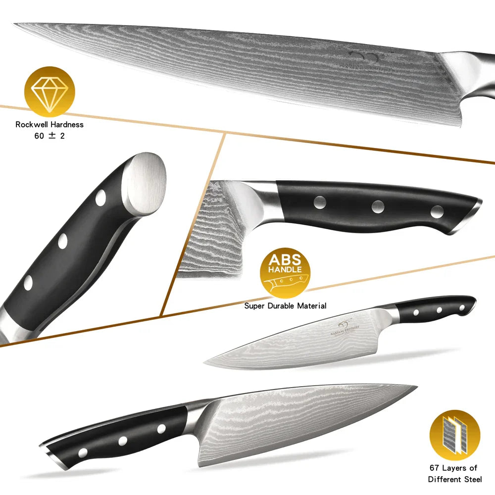 15 piece VG10 Damascus kitchen knives with ergonomic handles  Sharp cutting tools suitable for cutting meat, vegetables, fruits and bread  Professional chef set for home use  Complete set including sharpening rod and scissors