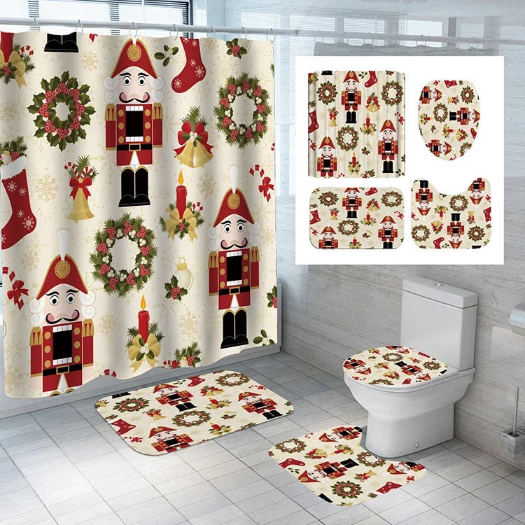Wholesale Santa Claus Christmas Style Polyester Bathroom Shower Curtains 4pcs Waterproof Shower Curtain Sets