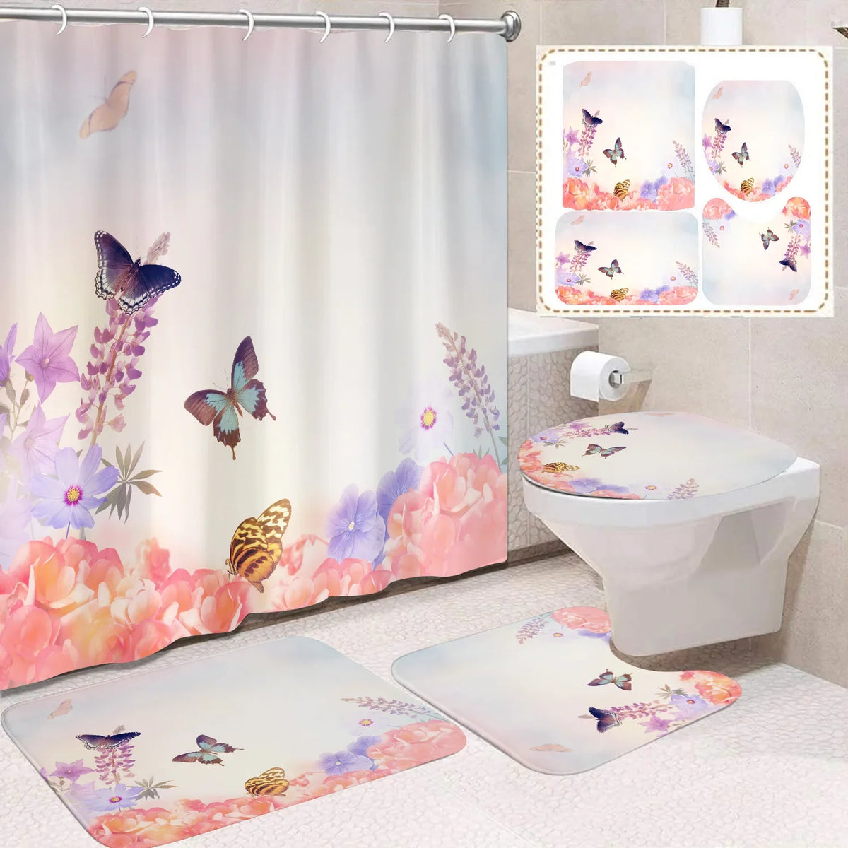 Custom 3D Digital Print Polyester Flower Shower Curtain Quick-Drying 4-Piece Modern Bathroom Set Wholesale Bathroom Accessory