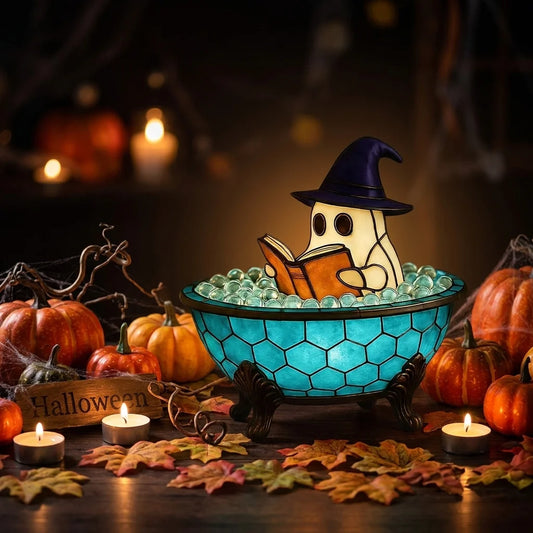 Halloween Ghost Bathtub Reading Book Stained Glass Table Lamp
