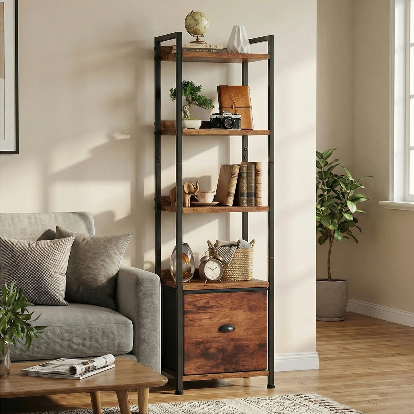 Industrial Metal Five Tier Bookshelf With Fabric Drawers For Home