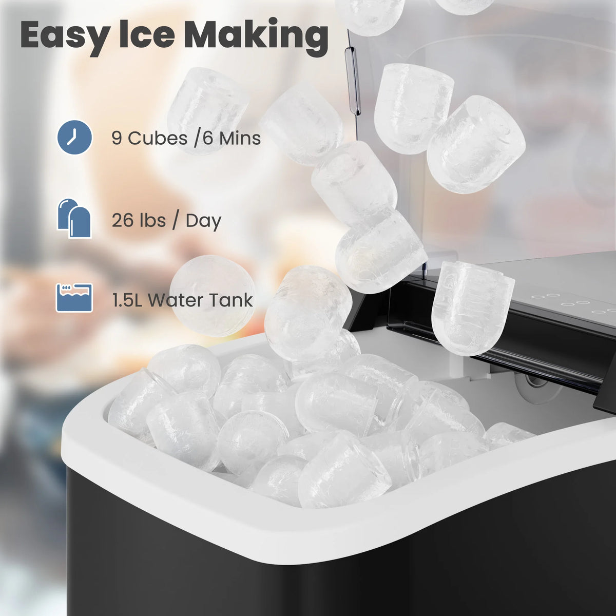 Compact Countertop Ice Maker Quickly Producing Bullet Ice Cubes
