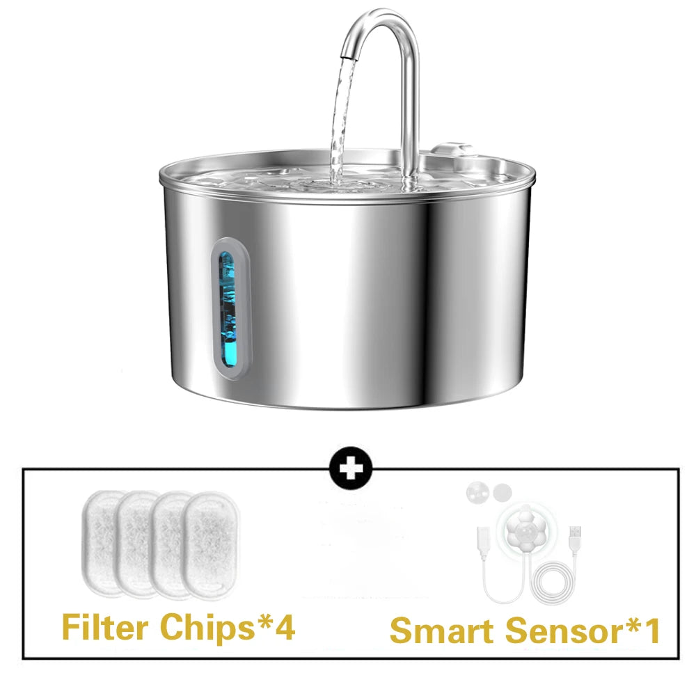 2.2L Square/Round Stainless Steel Cat Water Fountain, Dog Water Dispenser with LED Window, Silent Pet Water Feeder(No 5V 1A Plug