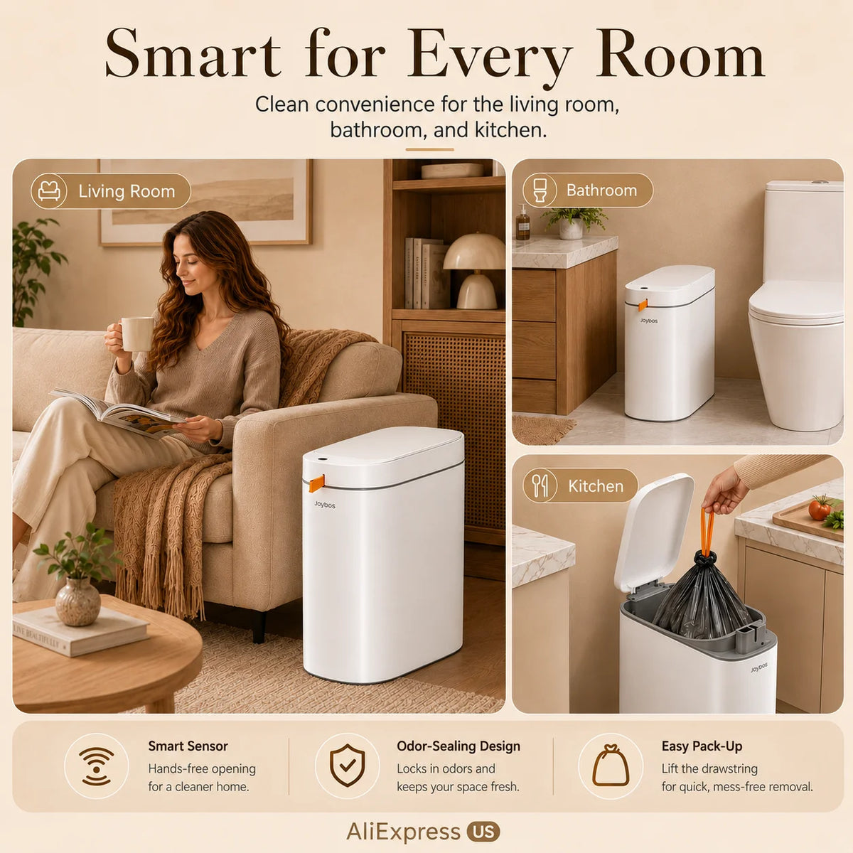 Joybos Smart Trash Can With Touchless Sensor And Auto Liner Bags