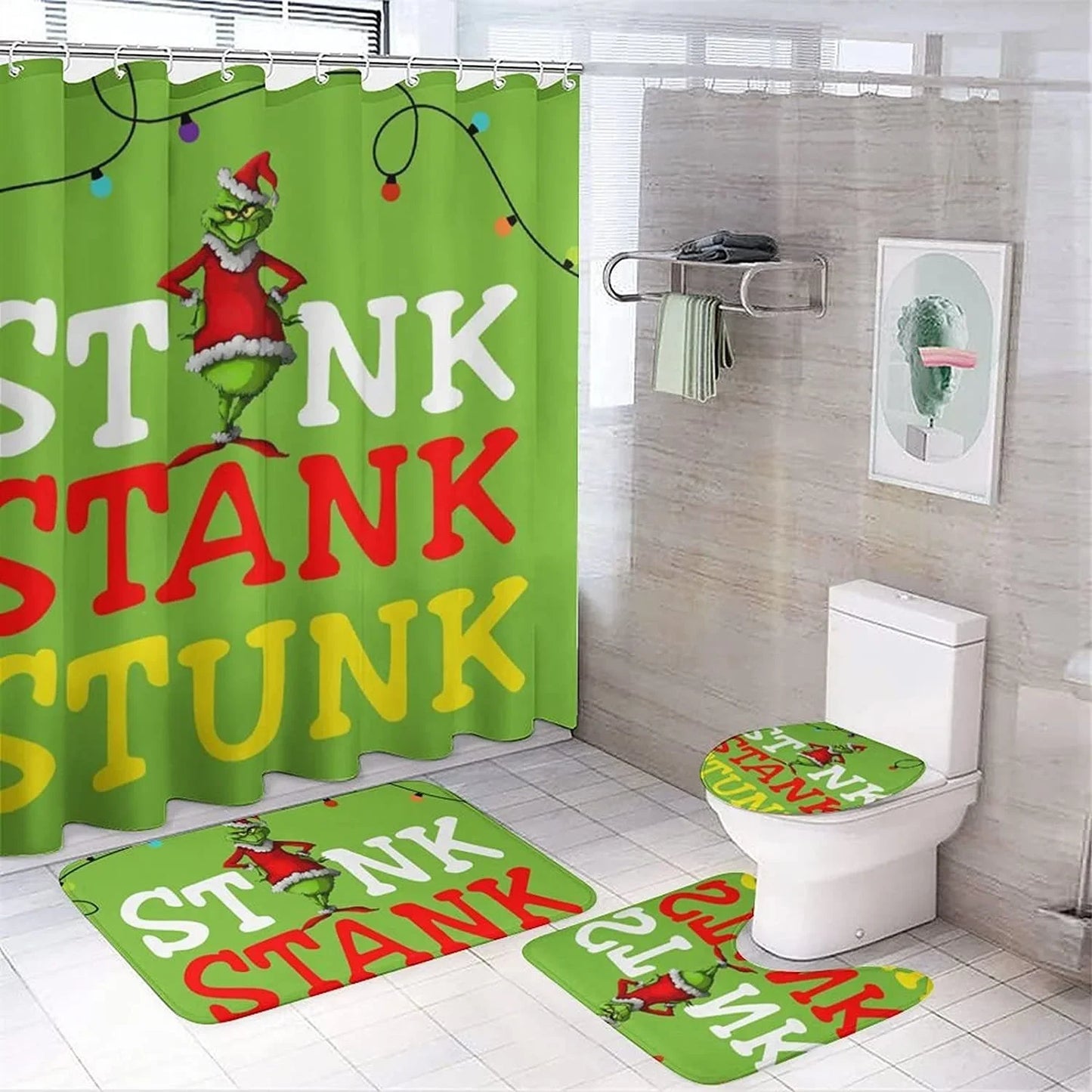 New Bathroom Curtains 2024 Digital Christmas Shower Curtain Four-Piece Green Furry Monster Decorative Bath Mat Set