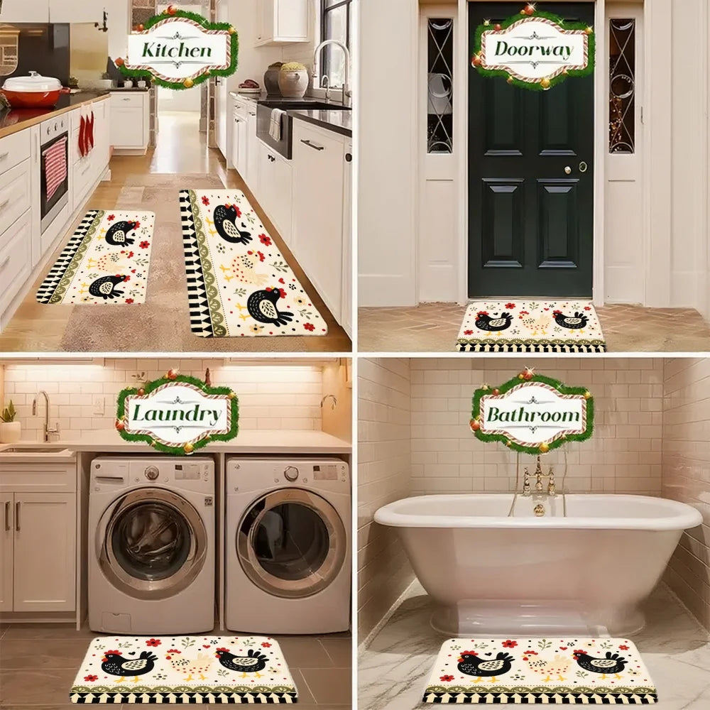3PCS Kitchen Rugs,Home Decoration for Front Door, Kitchen, Bathroom, Black Turkey Floral Pattern On Cream Background Dining Mat