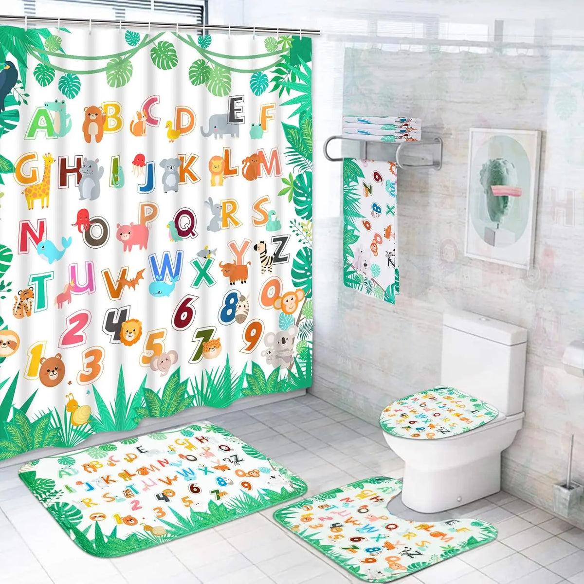 4PC Kids Dinosaur Bathroom Set - Waterproof Cartoon Shower Curtain with 12 Hooks, Non-Slip Mats & Toilet Cover, Fun Bath Decor