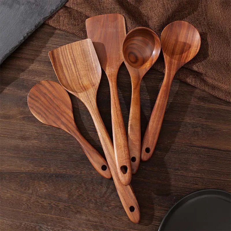 Teak Wood 5-Piece Utensil Set for Safe Odor-Free Cooking