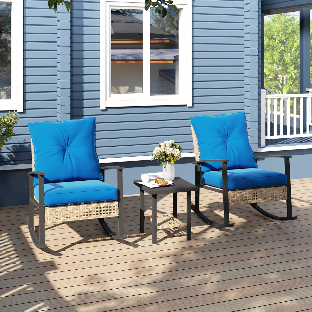 3 Pieces Bistro Set with Rattan Rocking Chairs & Coffee Table Dark Blue