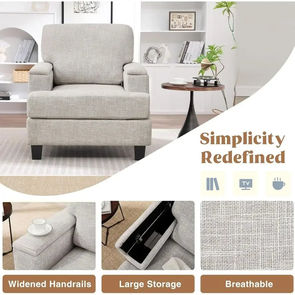 2-Piece Armrest Storage Accent Chairs, Comfortable Upholstered Living Room Furniture, Beige Fabric Sofa Chairs for Reading or Be