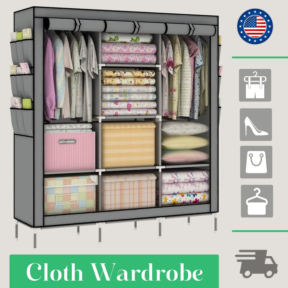 Portable Closet Wardrobe Storage Rack Fabric Organizer Dustproof
