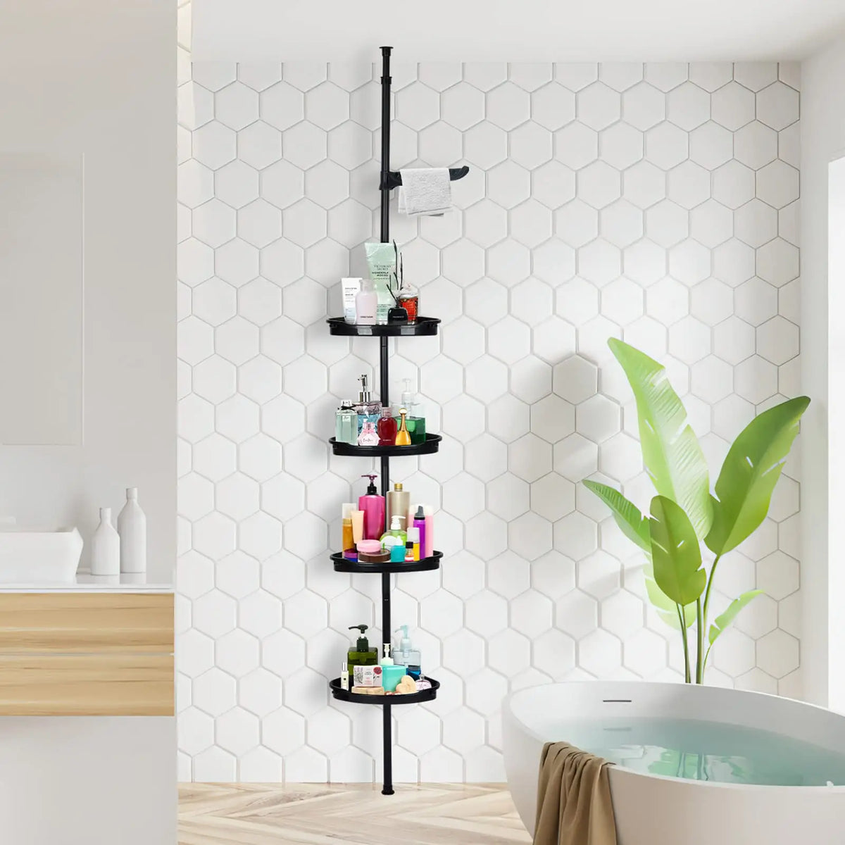4 Tier Corner Shower Caddy Tension Pole Rust Proof Telescopic Rod Rustproof Standing Storage Rack Shower Organizer Stainless Steel Decor Shelf for Bathtub Shampoo Accessories