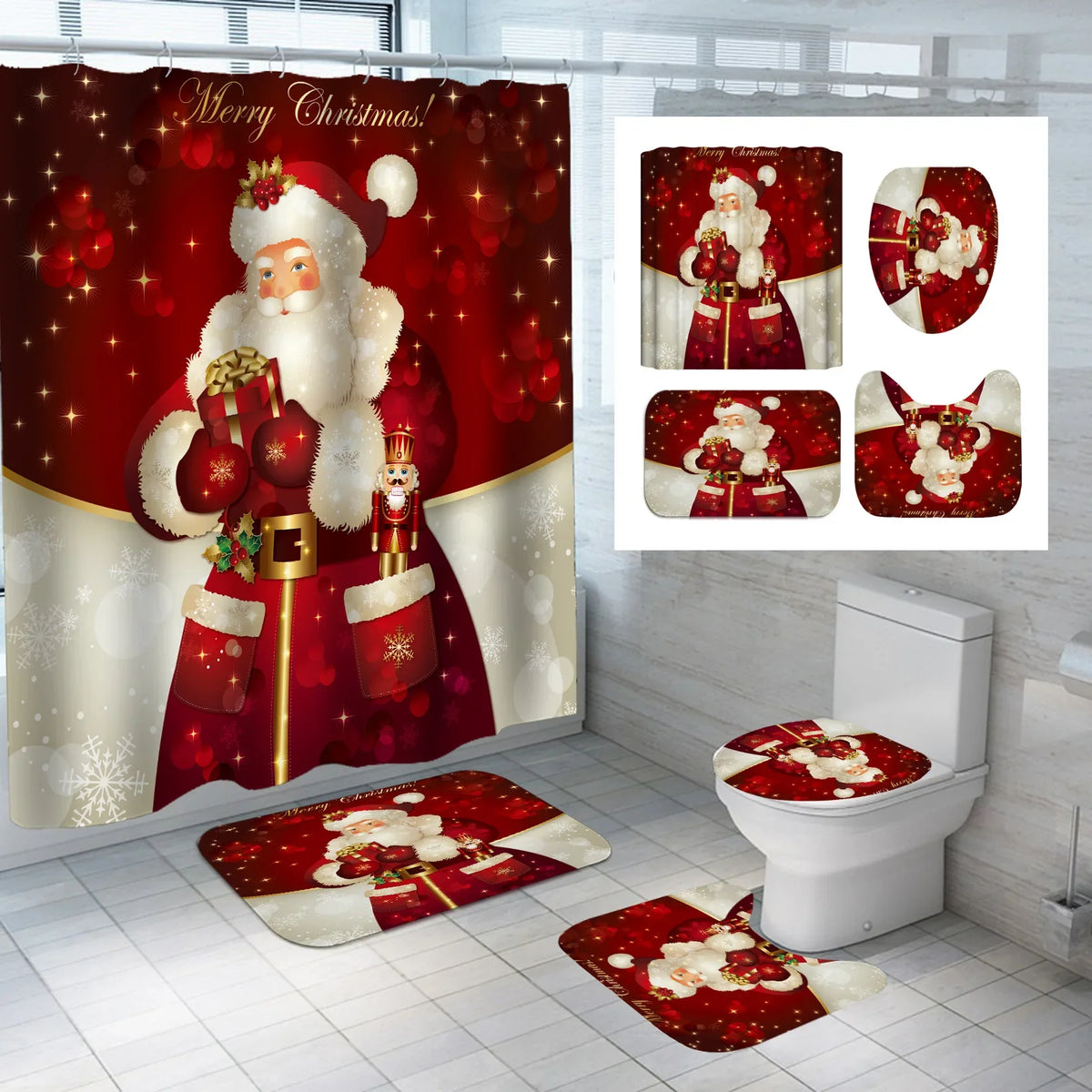 Wholesale Santa Claus Christmas Style Polyester Bathroom Shower Curtains 4pcs Waterproof Shower Curtain Sets