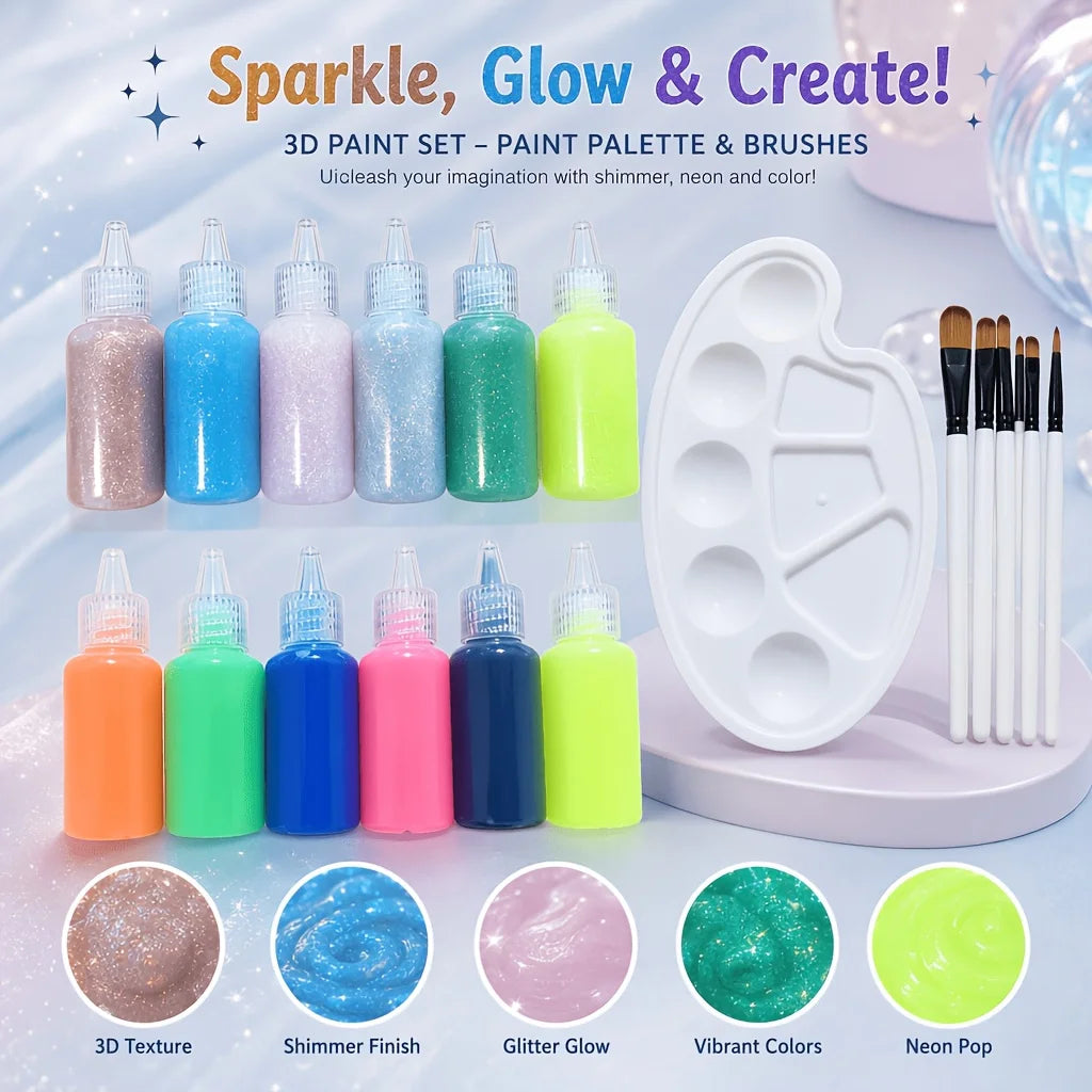3D Paint Set 12 Bottles Palette Brushes Raised Texture Supplies