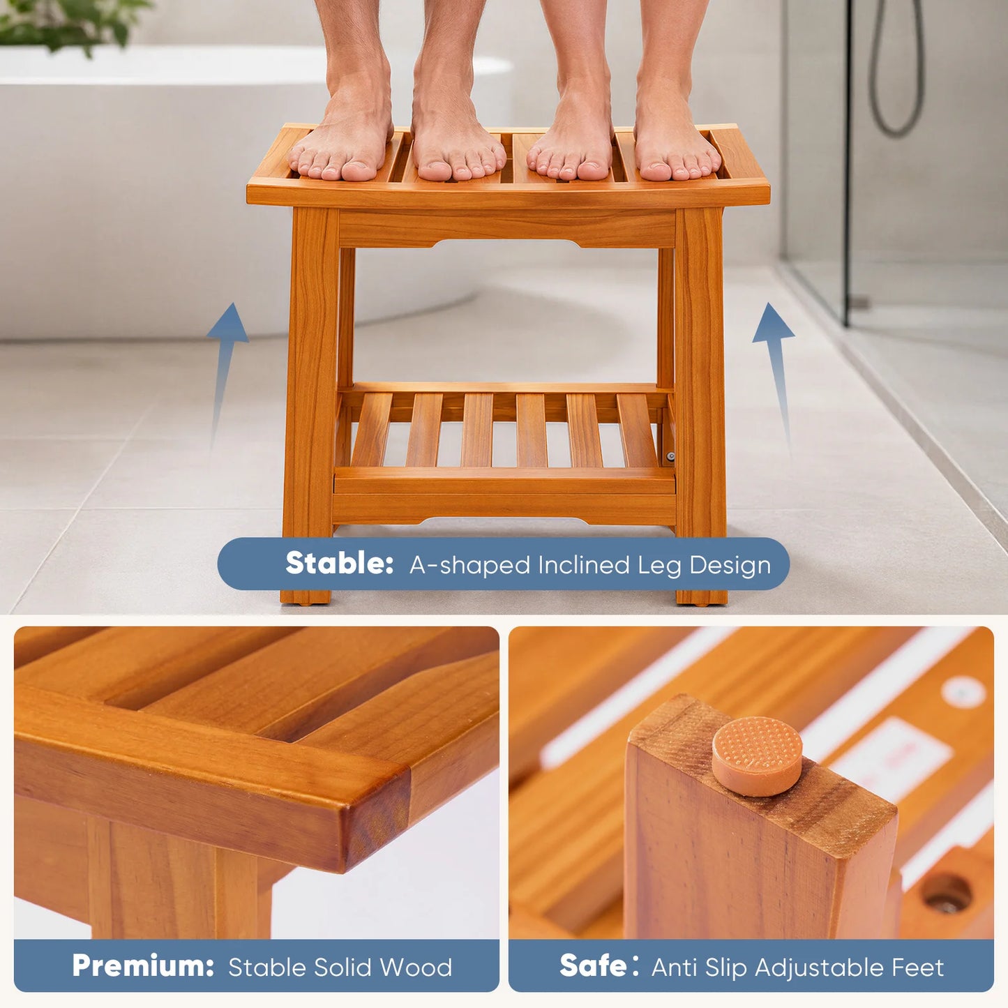 JHK 18IN/14IN Wooden Bathroom Shower Stool Waterproof Shower Bench for Shaving Legs Chair with Storage Shelf Handles 300 LBS Capacity Showering Seat