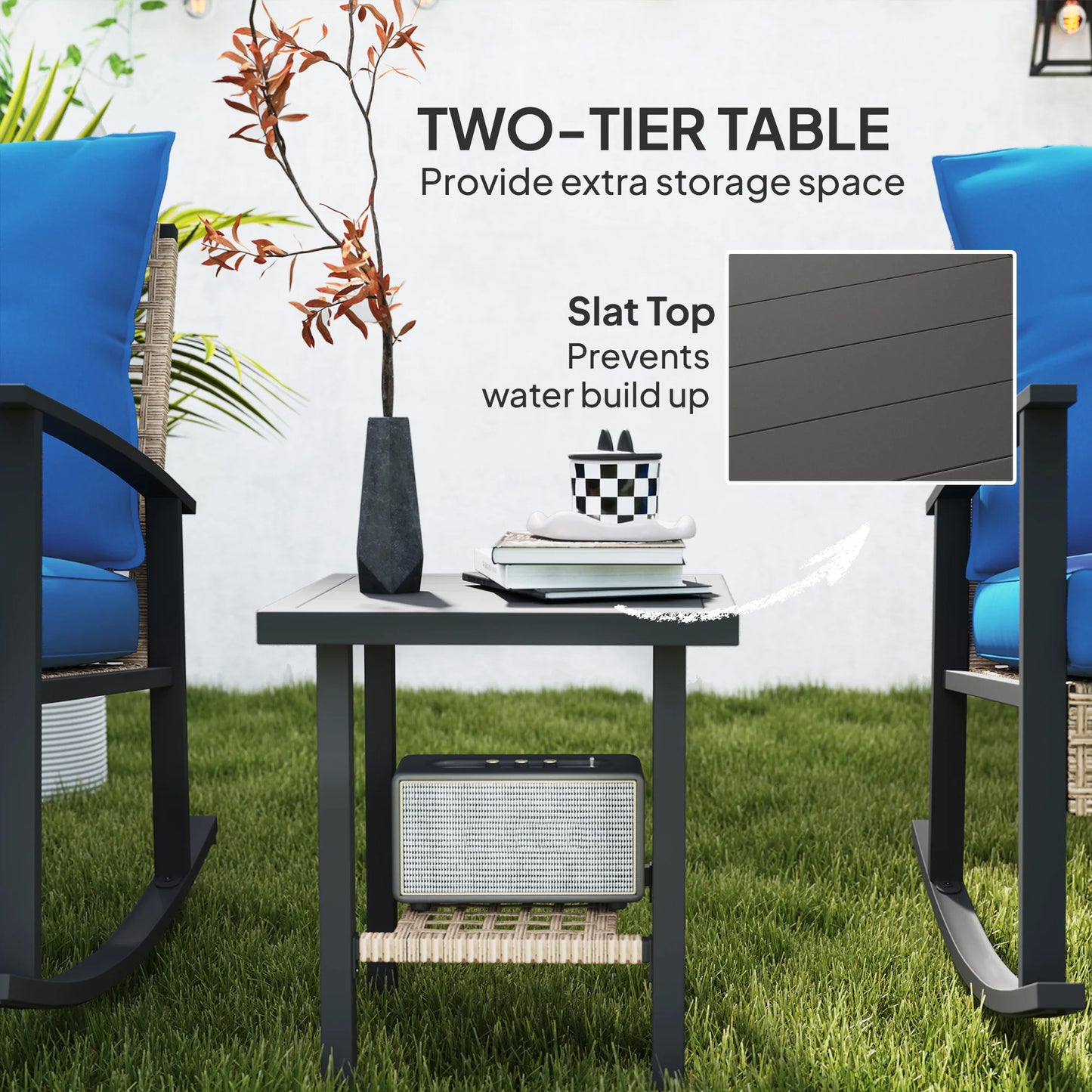3 Pieces Bistro Set with Rattan Rocking Chairs & Coffee Table Dark Blue