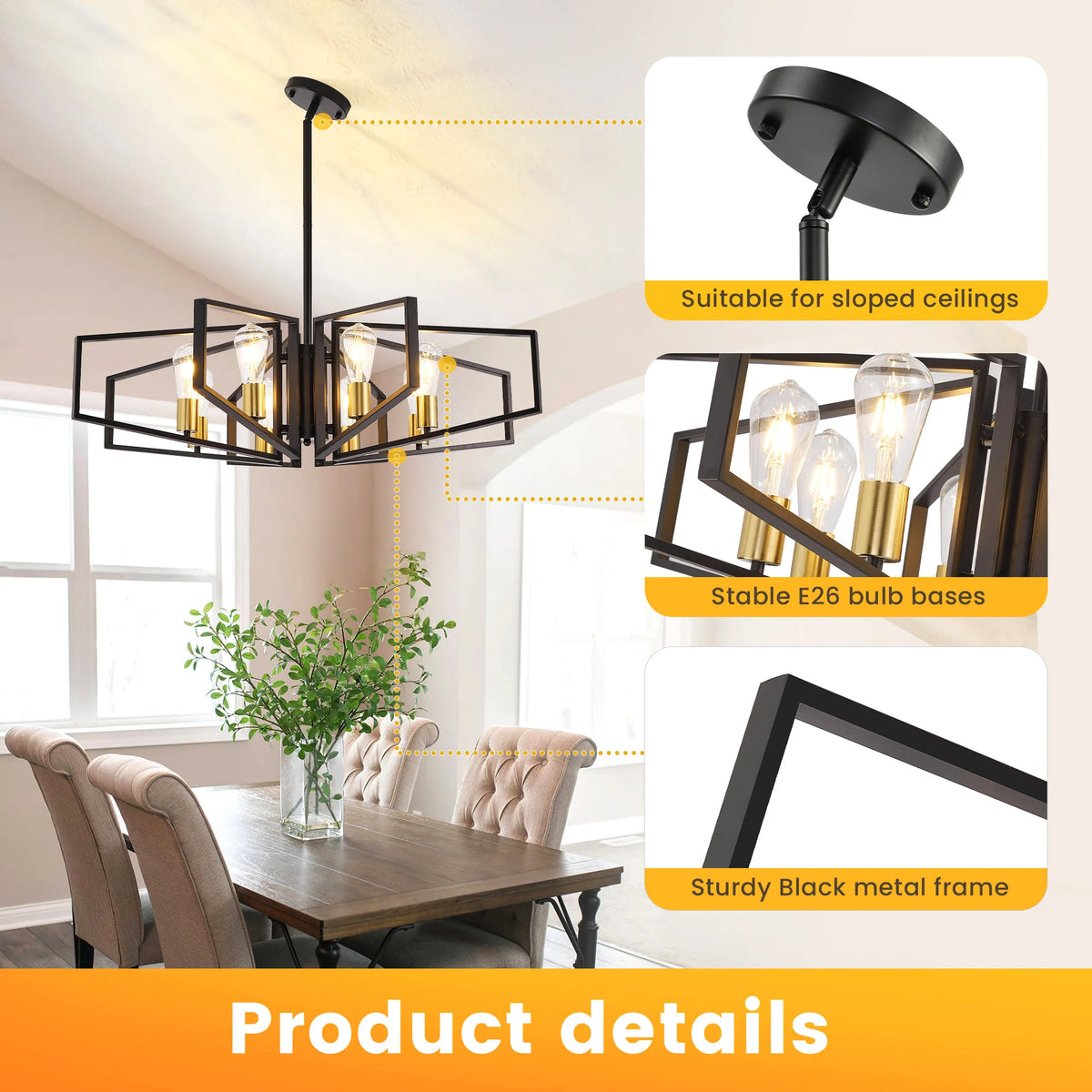 Eight-Light Geometric Chandelier With Adjustable Height Metal Pendant