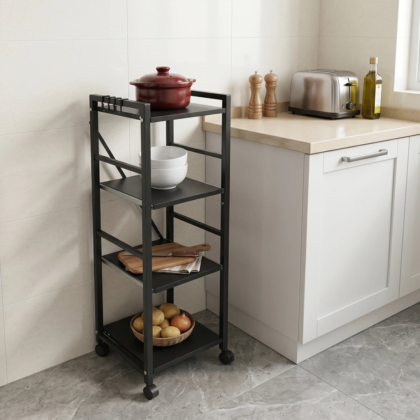 Carbon Steel Kitchen Storage Trolley, Adjustable Kitchen Storage Organizer, 4-Tier Kitchen Rack For Restaurant, Laundry, Bathroom, Garage, Warehouse