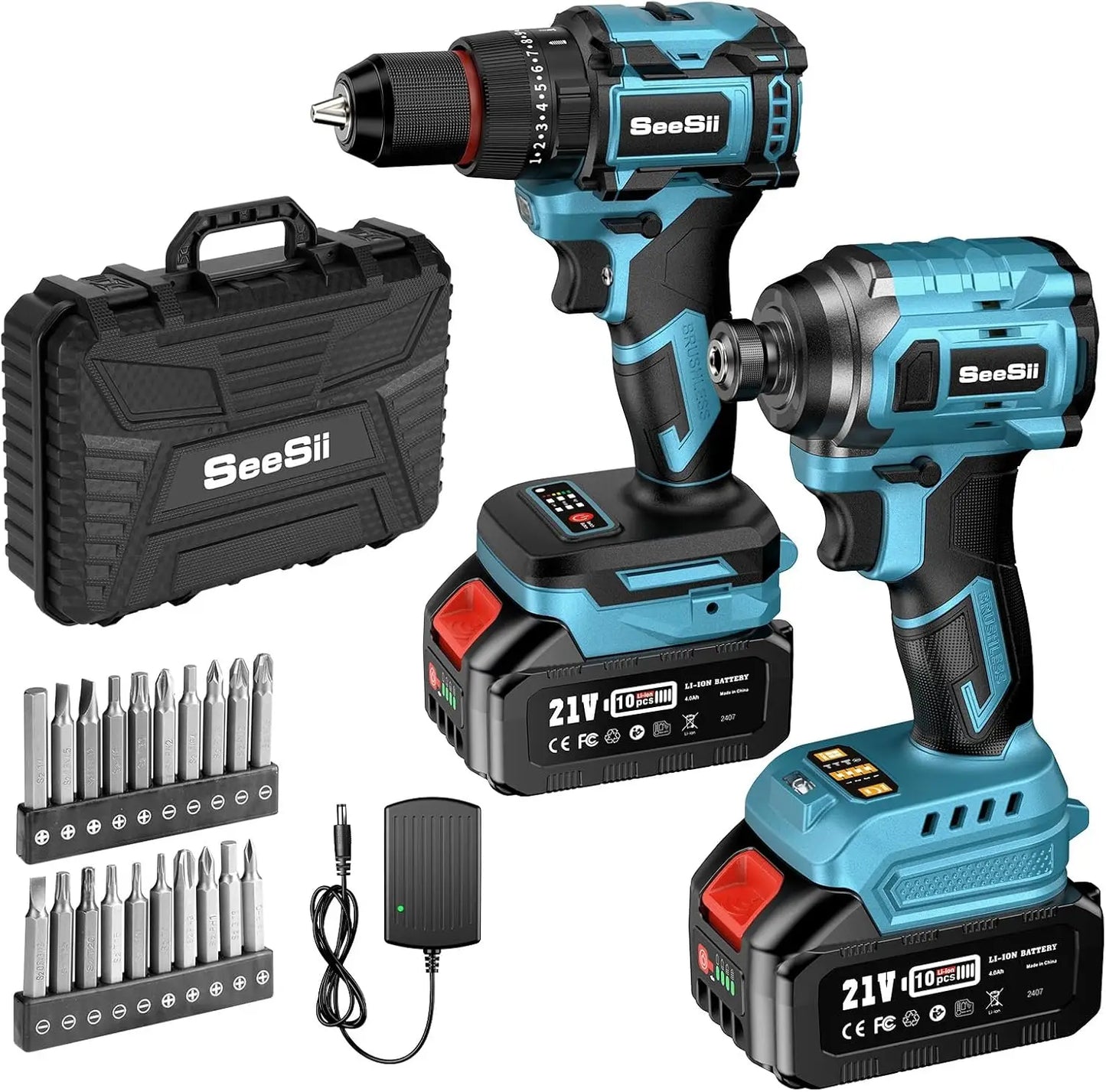 Seesii 21V Cordless Brushless Drill And Impact Driver Kit
