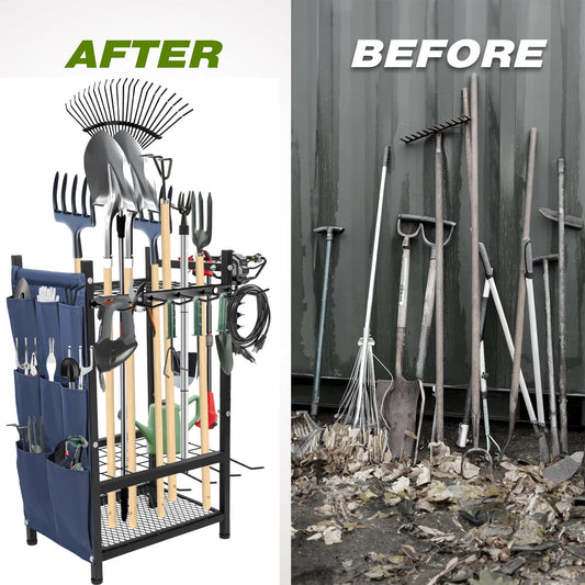Garden Tool Organizer for Garage, Utility Storage Racks W/ Storage Bag, Metal Yard Tool Stand Holder Organizer for 35 Long-Handled, Broom, Shovel, Rake, Sturdy Heavy Rack for Outdoor, Yard, Black, Storage Racks