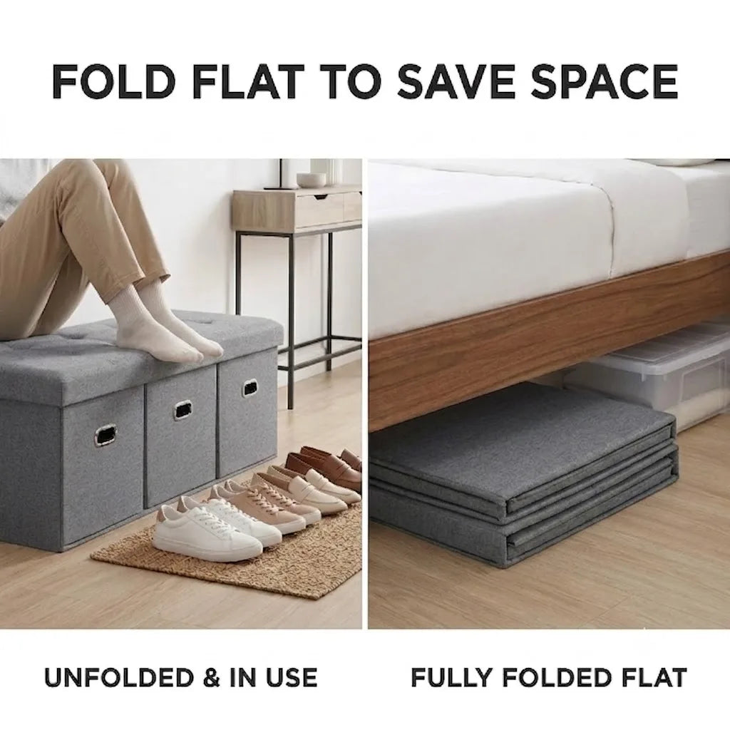 Foldable Storage Ottoman Bench With Three Spacious Drawers